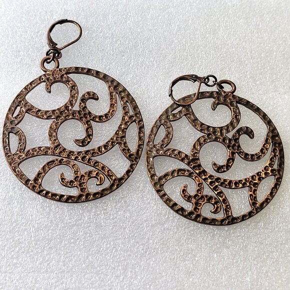 Round Antique Bronze Hued Filigree Earrings - Picture 1 of 12